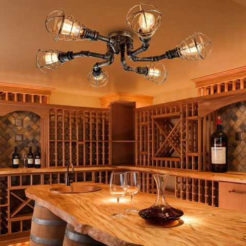 Six Light Vintage Industrial Cage Pendant Ceiling Light Flush Mount Edison Style Retro Iron Metal Lamp for kitchen