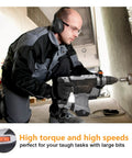 Worker using 12.5 Amp Rotary Hammer Drill With SDS Plus One And A Quarter Inch on concrete wall in construction setting