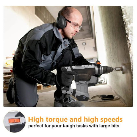 Worker using 12.5 Amp Rotary Hammer Drill With SDS Plus One And A Quarter Inch on concrete wall in construction setting
