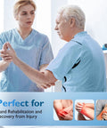 Physiotherapist assisting elderly man with hand rehabilitation, emphasizing injury recovery on promotional banner.