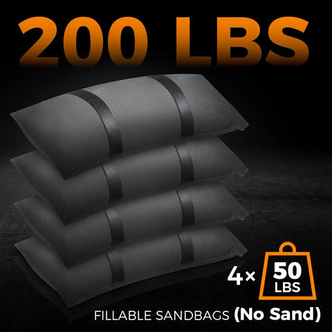 Stack of 4 heavy duty 200 lb sandbag weight set for outdoor umbrella bases, weatherproof fillable sand bags for patio use
