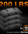 Stack of 4 fillable black sandbags labeled 200 Lbs, 50 lb each, for 200 Lb Umbrella Base Weight Sandbags Set, weatherproof design.