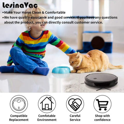 Child petting cat near a RoboVac with All In One RoboVac Replacement Parts Kit For Popular 11S 12 15C 30 30C 35C Models visible