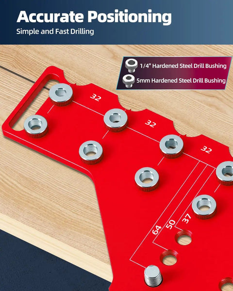 Close-up of red Two In One Cabinet Hardware Jig That Doubles As A Shelf Pin Drilling Guide With All Metal Self Contained Clamps
