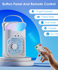 Chill Anywhere With This Dual Nozzle Portable Evaporative AC With Remote 3 Speeds Timer 70 Degree Airflow 1600ML Tank Mini Air Conditioner For Bedroom Office Dorm Camping featuring remote control in hand and button panel.