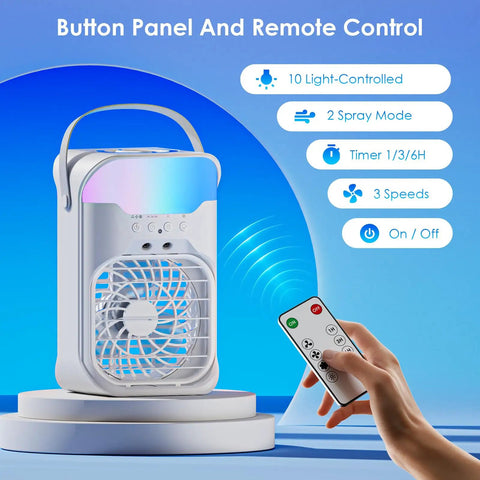 Chill Anywhere With This Dual Nozzle Portable Evaporative AC With Remote 3 Speeds Timer 70 Degree Airflow 1600ML Tank Mini Air Conditioner For Bedroom Office Dorm Camping featuring remote control in hand and button panel.