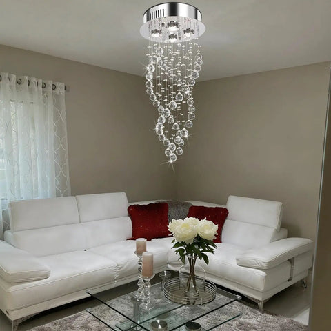 Modern Spiral Raindrop Crystal Chandelier Three Light Flush Mount Ceiling Fixture With K9 Crystal Orbs in a living room