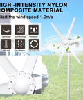 800W wind turbine with six blades on a pole in front of an RV, featuring nylon composite material and low start speed