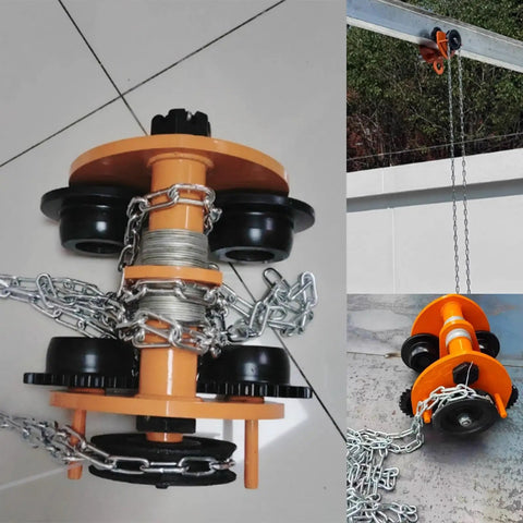 Heavy Duty Yellow Steel Push Beam Trolley For I-Beam Monorail 1-5 Ton Capacity With 3m Chain Four Durable Wheels And Gear Driven Workhorse Movement Built For Easy Smooth Transport, orange steel trolley with chain