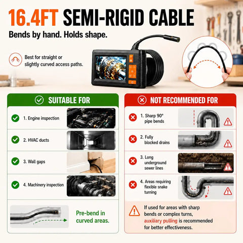 Dual Lens Borescope With 32GB Card, 4.3 Inch Endoscope Camera With Light, 1080P Photo And Video, 16.4ft SemiRigid Inspection Snake, No Apps Needed, IP67 Waterproof For Automotive Engine And HVAC. 16.4ft semi-rigid cable shown bending by hand