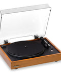 Electrohome Montrose Vinyl Record Player With Belt Drive Turntable And Audio-Technica Stylus Speed Control Motor Built-In Preamp Wood plinth and transparent lid.