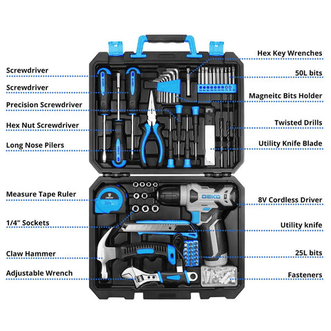8V Cordless Drill Kit With LED Light, 126 Piece Home DIY Tool Set For Women, Lightweight Beginner Friendly Hand Tool Kit, Includes Bit Set, Driver Bits, Screws And Carry Case displayed open with tools organized inside