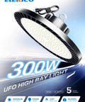 Crazy Bright 45000 Lumen 300W High Bay LED Shop Light for garages and workshops, energy efficient 5000K UFO ceiling fixture