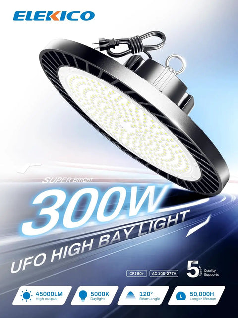 Crazy Bright 45000 Lumen 300W High Bay LED Shop Light for garages and workshops, energy efficient 5000K UFO ceiling fixture
