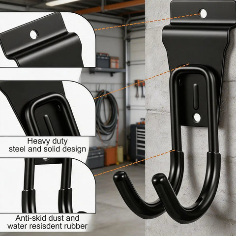 Close-up of Heavy Duty J Hooks For Slatwall And Track Systems in black steel with rustproof coating and anti-skid rubber design.