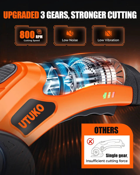 800 RPM Brushless Cordless Cardboard Cutter For Fast, Smooth Box Cutting, Beast Mode Pro Grade Tool With 3500mAh Battery, Powers Through Cardboard, Cartons, Plastic, Leather, Carpet, And More. Orange brushless cutter motor detail