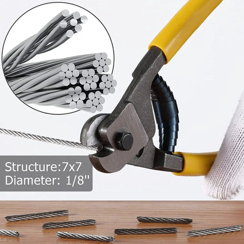 One Eighth Inch T316 Stainless Steel Deck Railing Cable 7 By 7 Braided Wire Roll 1000 Ft Anti Oxidation Corrosion Resistant With Cutter DIY Friendly 1800 Lb Break Strength Safe Working Load 260 Lb Built For Tough Outdoor Rails being cut by yellow-handled pliers, close-up of 7x7 braided structure and loose cable pieces
