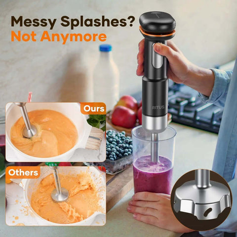 Cordless Immersion Blender With Removable 6000mAh Battery And Magnetic Fast Charging 5 In 1 Hand Mixer in use for smoothies.