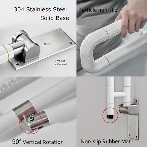Foldable Toilet Grab Bar For Bathroom Safety, 29.5 Inch Anti Slip Hand Rail, Flip Up Toilet Bar for Elderly and Disabled, 304 Stainless Steel with non-slip details, easy installation features.
