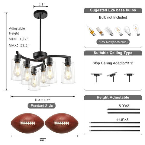 6 Light Modern Chandeliers For Dining Room Black Hanging Light Fixture And Kitchen Pendant Lighting Over Island, dimensions guide