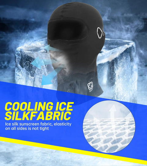 Cooling Ice Silk Balaclava Face Mask With Glasses Holes For Men And Women displayed on ice block backdrop.