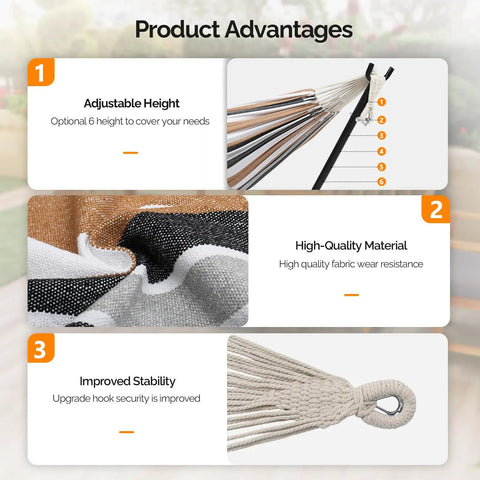 Product advantages of 550 Lb Capacity Double Hammock With Stand And Carry Bag For Outdoors And Indoors, showing height adjustments, material quality, stability features.