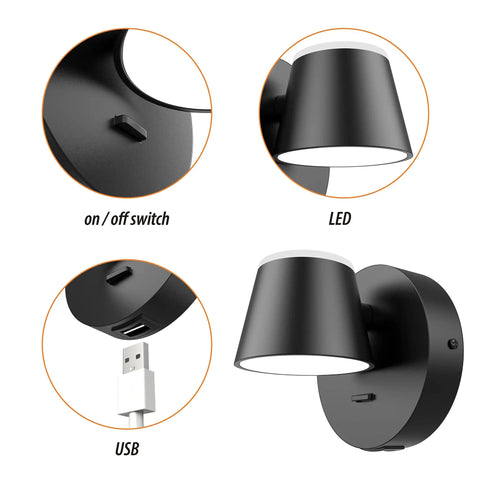LED Wall Sconce With On/Off Switch And USB Port, 110V Hardwired Wall Lamp, 350 Degree Rotatable Up Down Sconce, Black Finish