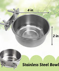 Front view: set of 4 stainless steel bird bowls with cage clamps for cages
