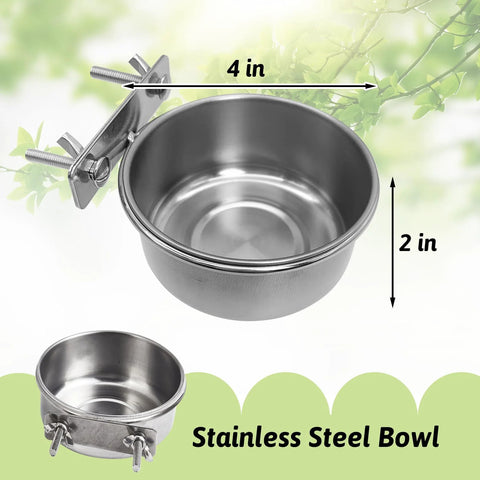 Front view: set of 4 stainless steel bird bowls with cage clamps for cages