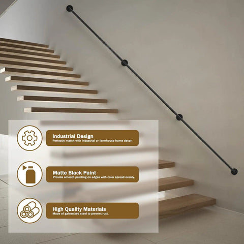 Badass Strength 10 Foot Stair Handrail And Heavy Duty Wall Mount Metal Pipe Railing For Indoor Outdoor Use on wooden stairs.