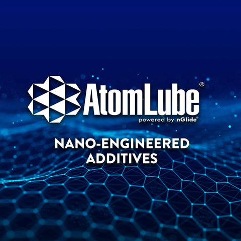 AtomLube logo with nano-engineered additives text on a blue abstract background