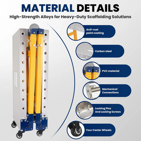 Material details of 65 Inch Portable Folding Work Platform And Rock Hard 2000 Lbs Heavy Duty Welding Table showcasing carbon steel and anti-rust features.
