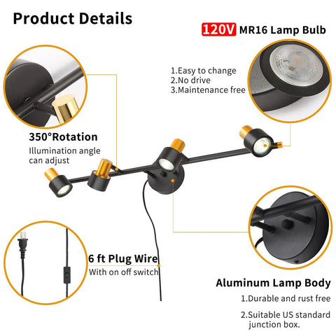 4 Light Plug In Vanity Lights For Bathroom And Kitchen Counter Over Mirror, modern vanity light with adjustable heads and plug wire