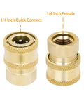 Brass pressure washer coupler set with 1/4-inch quick-connect to female NPT, front and side views.