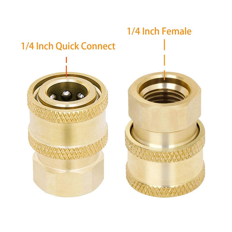 Brass pressure washer coupler set with 1/4-inch quick-connect to female NPT, front and side views.