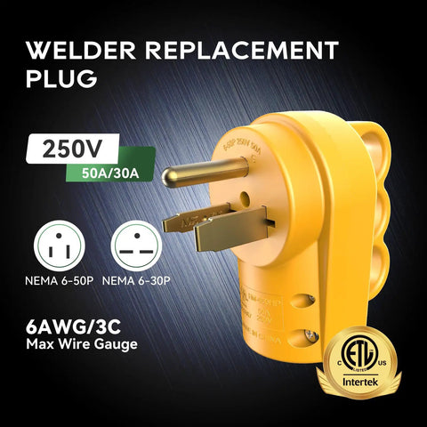 50 Amp Female Welder Plug For Nema 6-50P Replacement ETL Listed 250V 50A 6-50P Or 250V 30A 6-30P Extension Cord, yellow body