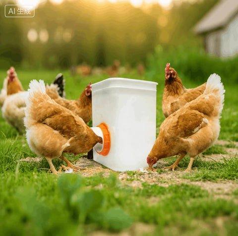 Chickens feeding from a barrel with Orange 12 Pack Chicken Feeder Ports With Lids Drill Bit DIY Automatic Poultry Feeder Cups Kit