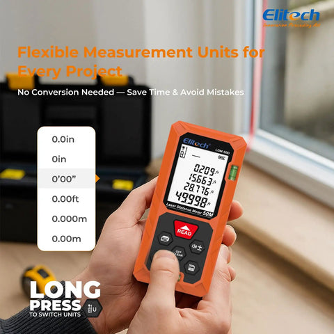 165ft Laser Tape Measure With Bubble Level for Quick, Pro Grade Accuracy and Easy Room Measurements, Digital Distance Tool for Home DIY, Renovations, and Construction Projects, orange handheld display