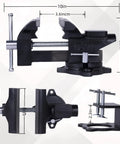 Industrial Grade Rock Solid Heavy Duty 6 Inch Bench Vise With All Steel Swivel Base and Dual Jaw Design shown from multiple angles, 10in size.