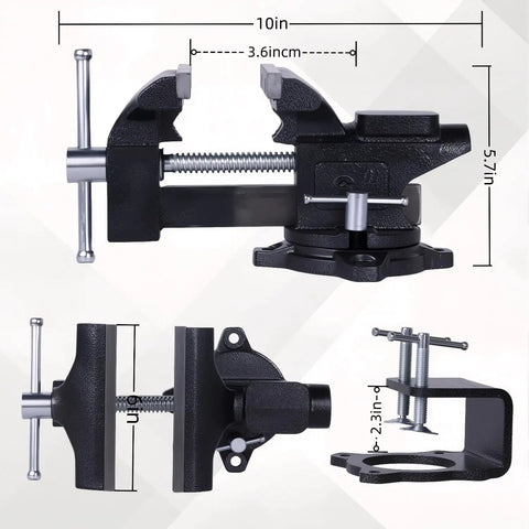Industrial Grade Rock Solid Heavy Duty 6 Inch Bench Vise With All Steel Swivel Base and Dual Jaw Design shown from multiple angles, 10in size.