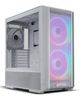 LanCool 216 E-ATX PC Case With All-Around Mesh Panels For Crazy Good Airflow, Pre-Installed 2x160mm And 1x140mm PWM Fans, Rear PCIe Fan Bracket, White, front view showing mesh panel and RGB fans.