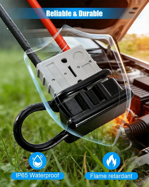 Beefed Up 50A 7AWG Connector Kit For 12V/24V Systems, 1 Meter Lead, 600V DC Max, Minus 20C To 105C Temperature Range, Flame Retardant PC Housing, Built Tough For Auto, Marine, And DIY Electrical Projects. IP65 waterproof connector with 7AWG leads
