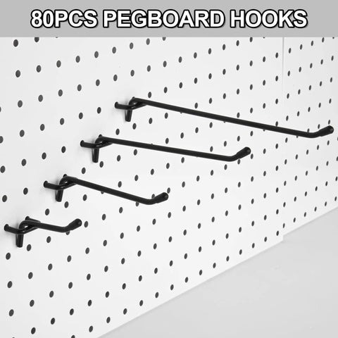 Extra Thick Quarter Inch Pegboard Hooks 80 Pack Set In 2, 4, 6, And 8 Inch Sizes Black Heavy Duty L Shaped Pegboard Hooks