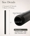 10 Pack 1/2 In By 12 In Black Malleable Iron Pipe Nipples, Threaded Both Ends, size details with dimensions.