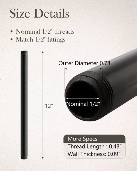 10 Pack 1/2 In By 12 In Black Malleable Iron Pipe Nipples, Threaded Both Ends, size details with dimensions.