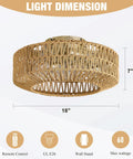 Whisper Quiet Boho Caged Rattan Fandelier Ceiling Fan With Bright Integrated Lighting and dimensions of 18" diameter and 7" height.