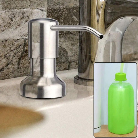 Brushed Nickel Sink Soap Dispenser Kit With 39 Inch Extension Tube Kit That Connects Directly To Your Soap Bottle No More Refills For Dish Soap And Hand Soap Lotion On The Countertop, shown on countertop with soap bottle inset.
