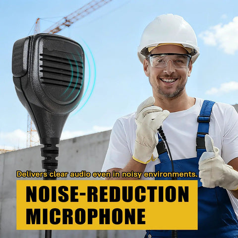 Workhorse Walkie Talkie Speaker Microphone With 3.5mm Audio Jack For Hytera Radios in use at construction site.
