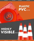 Six Pack 28 Inch Traffic Safety Cones With Reflective Collars For Road Safety Parking Lot And Driving Training Durable Orange PVC Cones With High Visibility Day And Night Great For Road Work And Driving Practice showing plastic PVC base and high visibility.