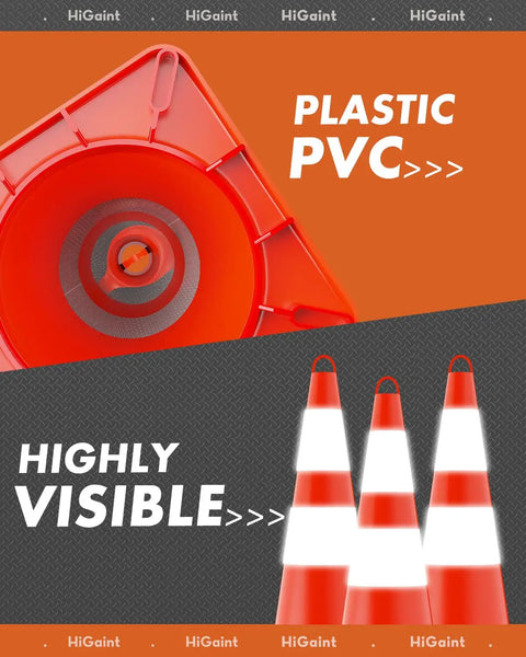 Six Pack 28 Inch Traffic Safety Cones With Reflective Collars For Road Safety Parking Lot And Driving Training Durable Orange PVC Cones With High Visibility Day And Night Great For Road Work And Driving Practice showing plastic PVC base and high visibility.